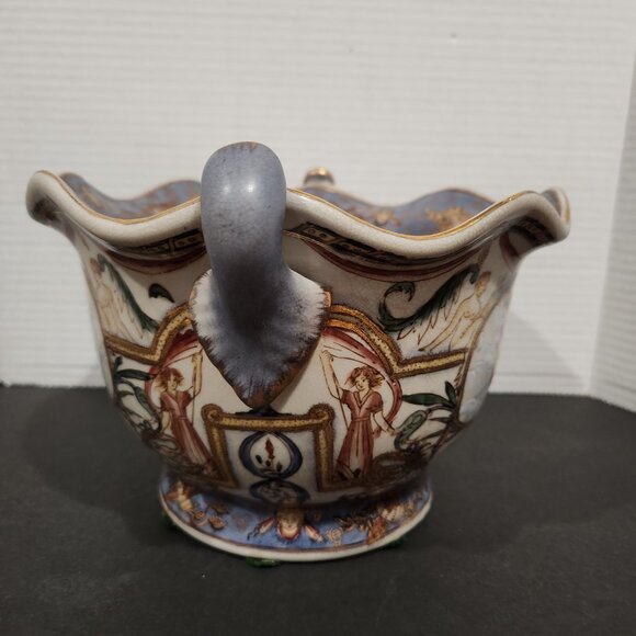 Vintage Cache Pot Hand Painted Italian Style Bowl Large Earthenware w/Cherubs - Picture 2 of 7